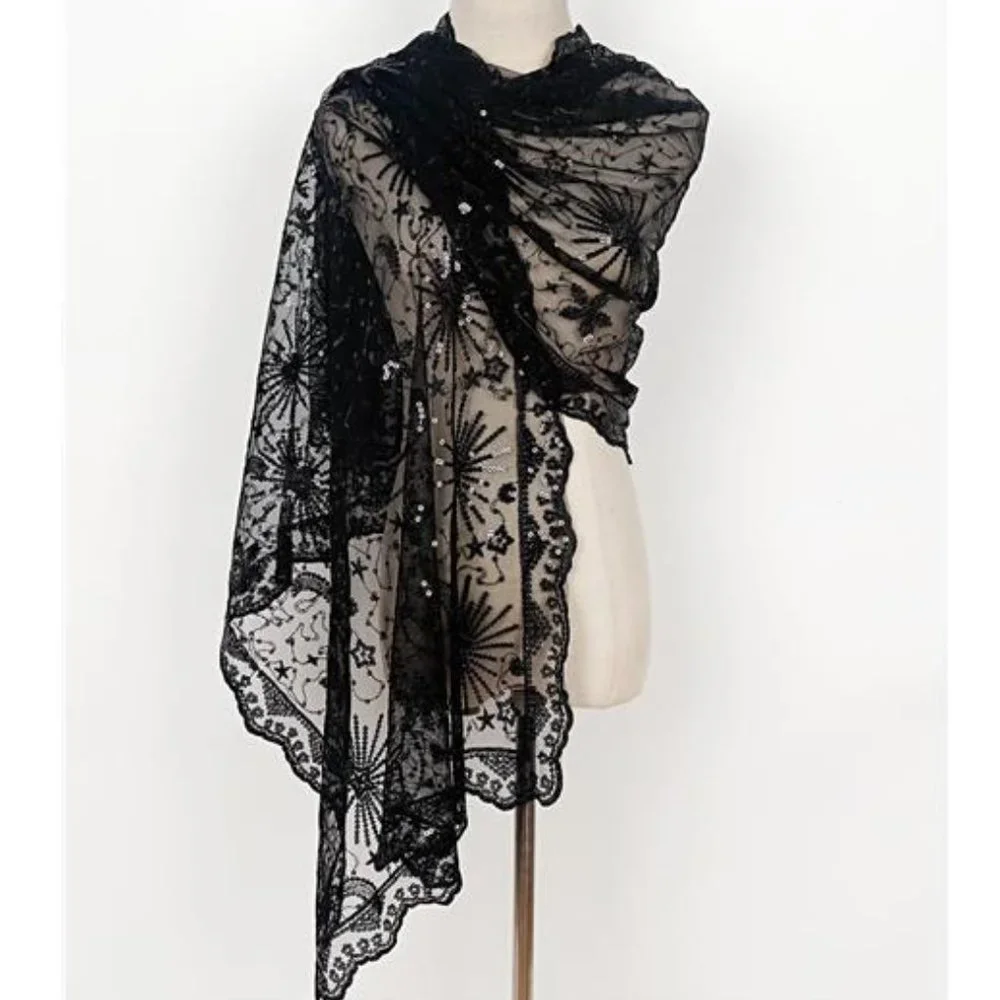 Boho Black Moon & Star‎ Sheer Mesh Sequin Embellished Shawl Wrap Scarf Formal